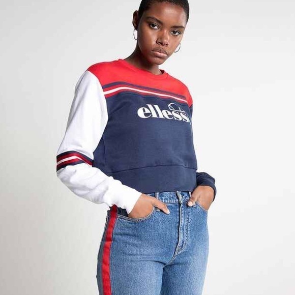 Ellesse Cropped Sweatshirt Fulmire Pullover Top Long Sleeve Red Blue Size Small - Picture 12 of 12